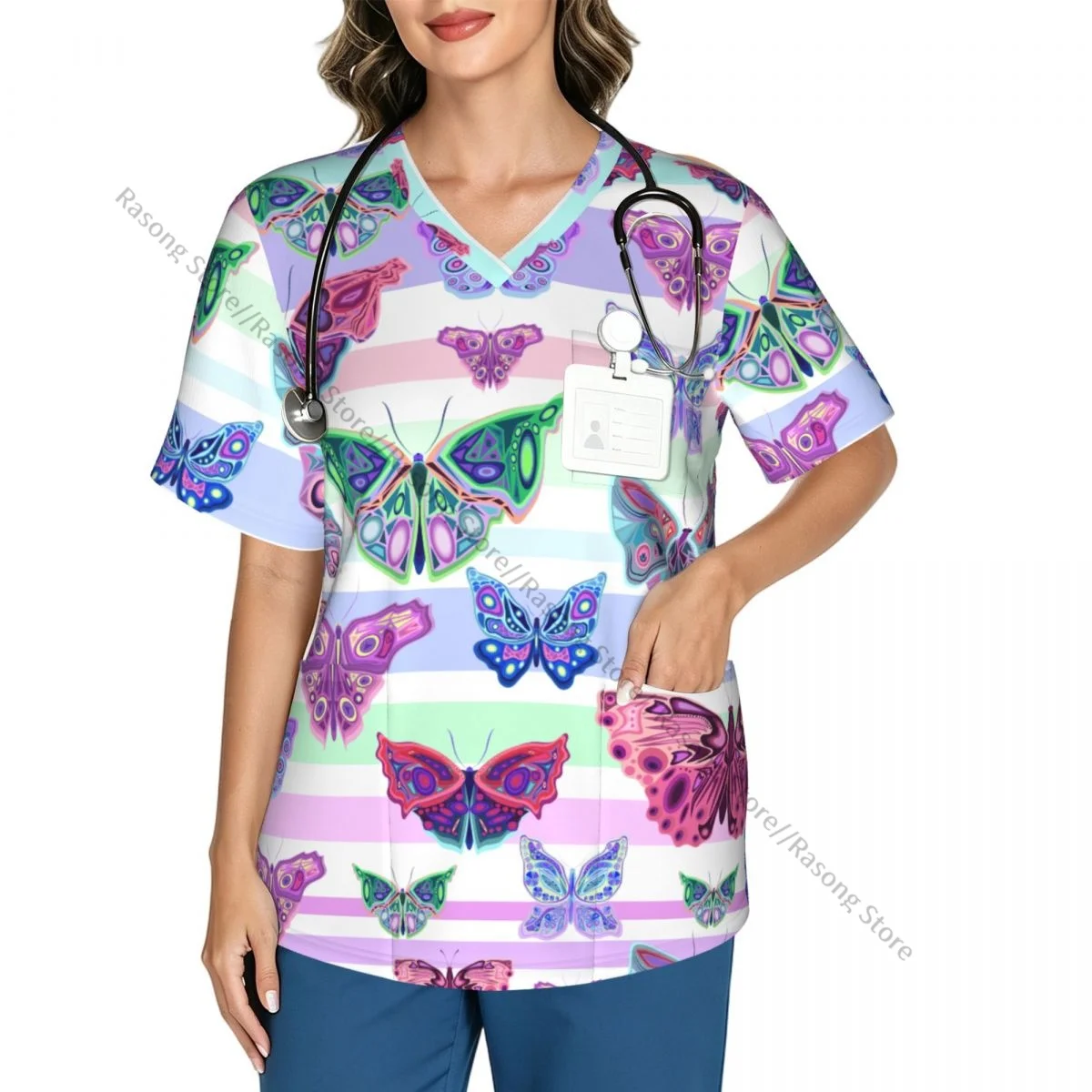 Colorful Butterflies On Striped Scrubs Medical Uniforms Women V Neck Short Sleeve Tunic Scrubs Tops Nursing Surgical Uniforms