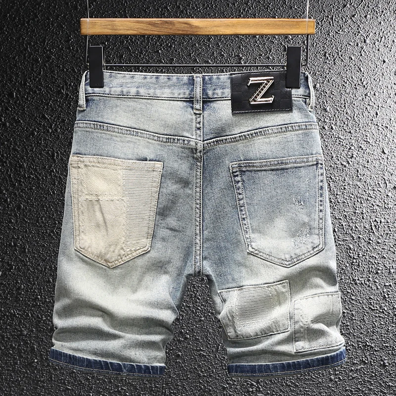 Fashion Designer Men Jeans Retro Washed Blue Stretch Slim Fit Patched Ripped Denim Shorts Men Y2K Summer Vintage Casual Shorts