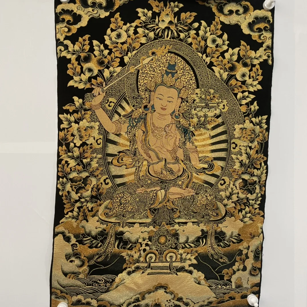 

35"Thangka Embroidery Tibetan Buddhism silk Embroidery brocade Nepal Manjushri Bodhisattva Buddha Thangka hanging panel