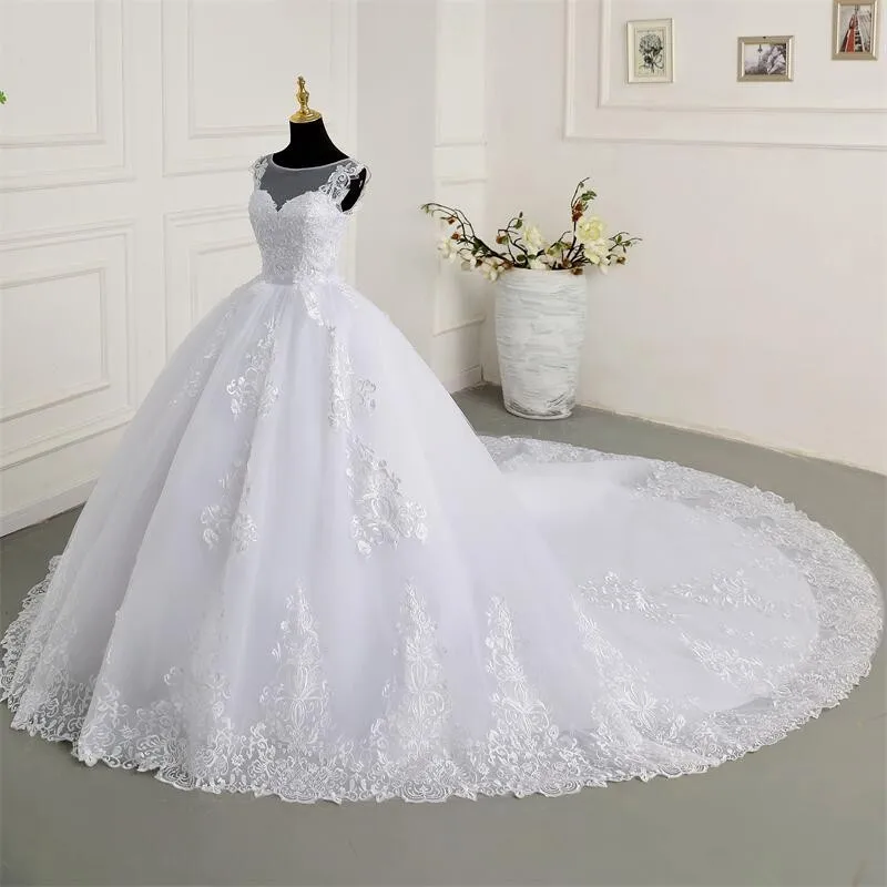 Luxus Spitze Brautkleider elegante ärmellose Vestido de Noiva formale Braut Ballkleid echtes Foto plus Größe neue reinweiß