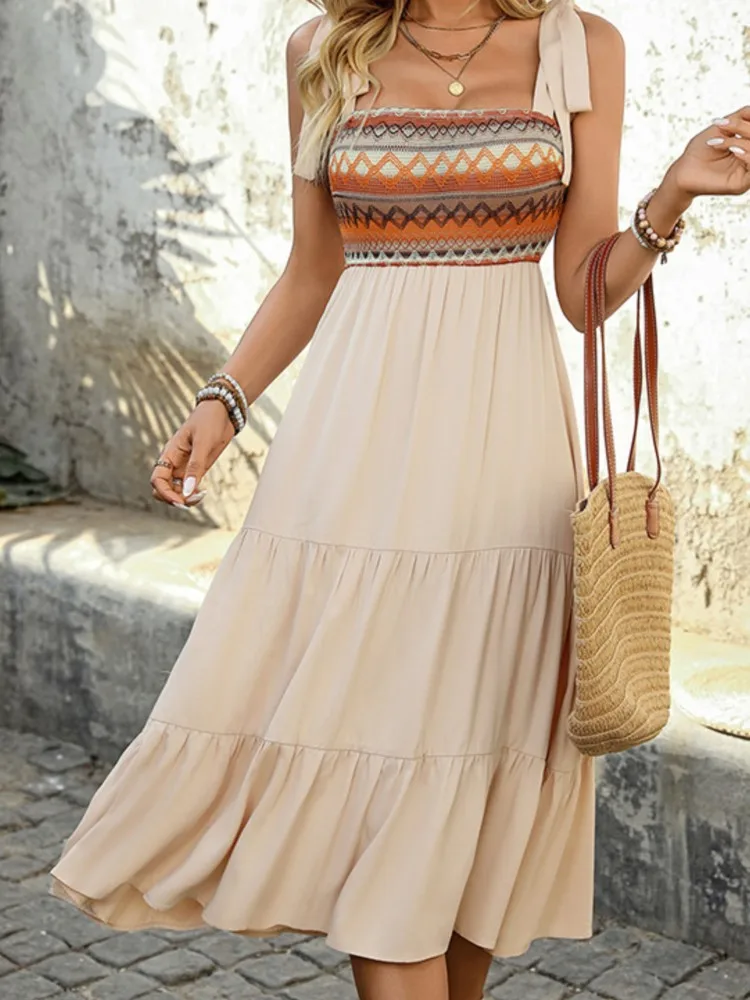 

Women Fashion Print Dress Casual Spaghetti Strap Slash Neck High Waist Loose Dresses Robe Femme Boho Holiday Skirt Summer New