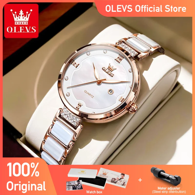 OLEVS Women\'s Watches Elegant Fashion Ceramic Strap Watch for Ladies Bracelet Gift Box Set Waterproof Luminous Date