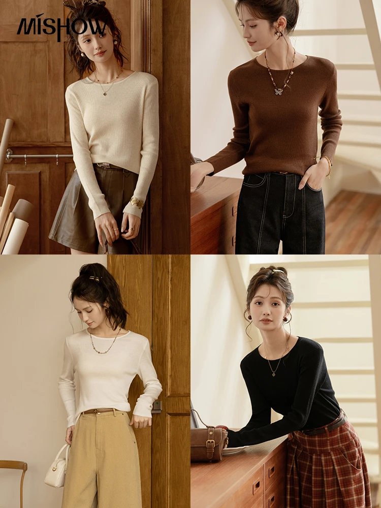 MISHOW Wool Blend Knitted Base Sweater for Women Autumn 2024 Slim Fit Round Neck Knit Sweater Solid Tops Office Lady MXD41Z0739