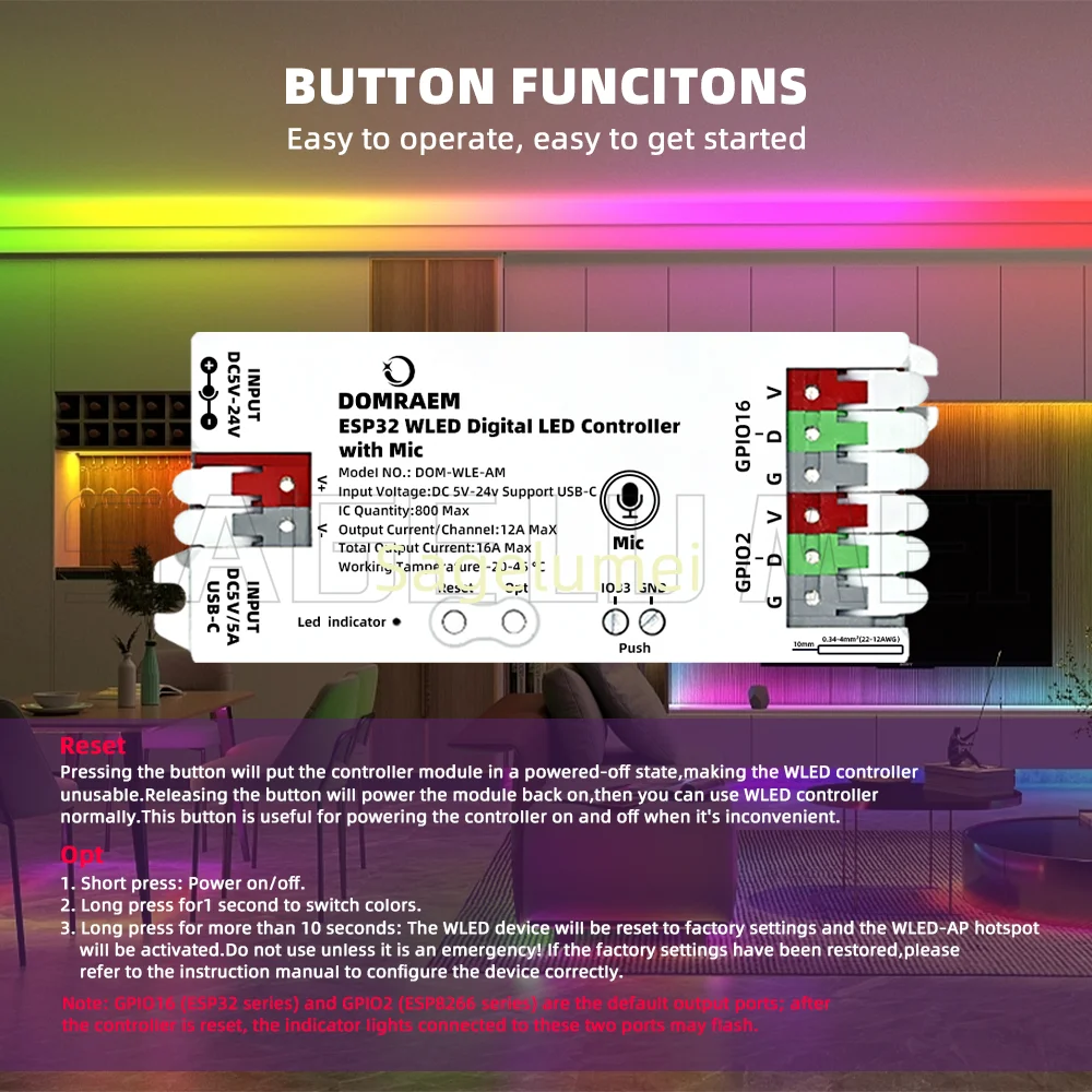 DOMRAEM WLE-AM ESP32 suporta WS2811/2812B/2814/2805etc funciona com HA/MQTT/AlexaWLED Digital LEDstrip controlador com microfone USB-C
