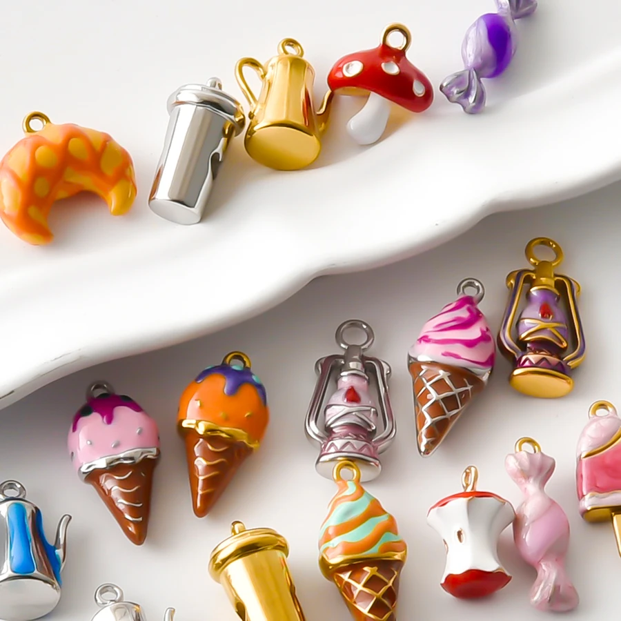 5/6Pcs Cute Enamel Food Croissant Drink Ice Cream Pendant DIY Jewelry Making Accessories Punk 3D Teapot Kettle Pendentif Bulk