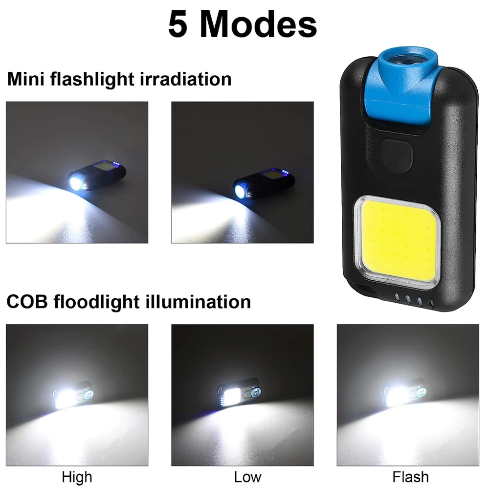 COB Keychain Lights Mini LED Flashlight USB Rechargeable Camping Fishing Light with Hook Waterproof Work Lamp 6 Modes Torch
