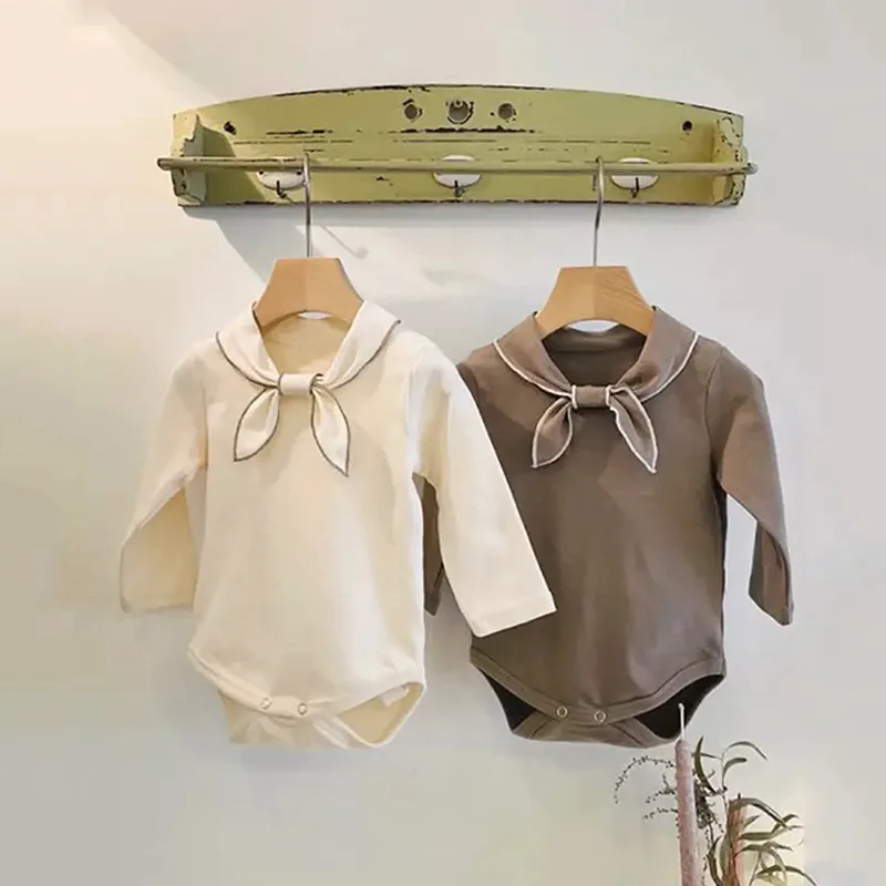 

2026 Spring New Baby Long Sleeve Bodysuit Cotton Infant Girl Bow Scarf Jumpsuit Toddler Solid Casual Newborn Clothes 0-24M