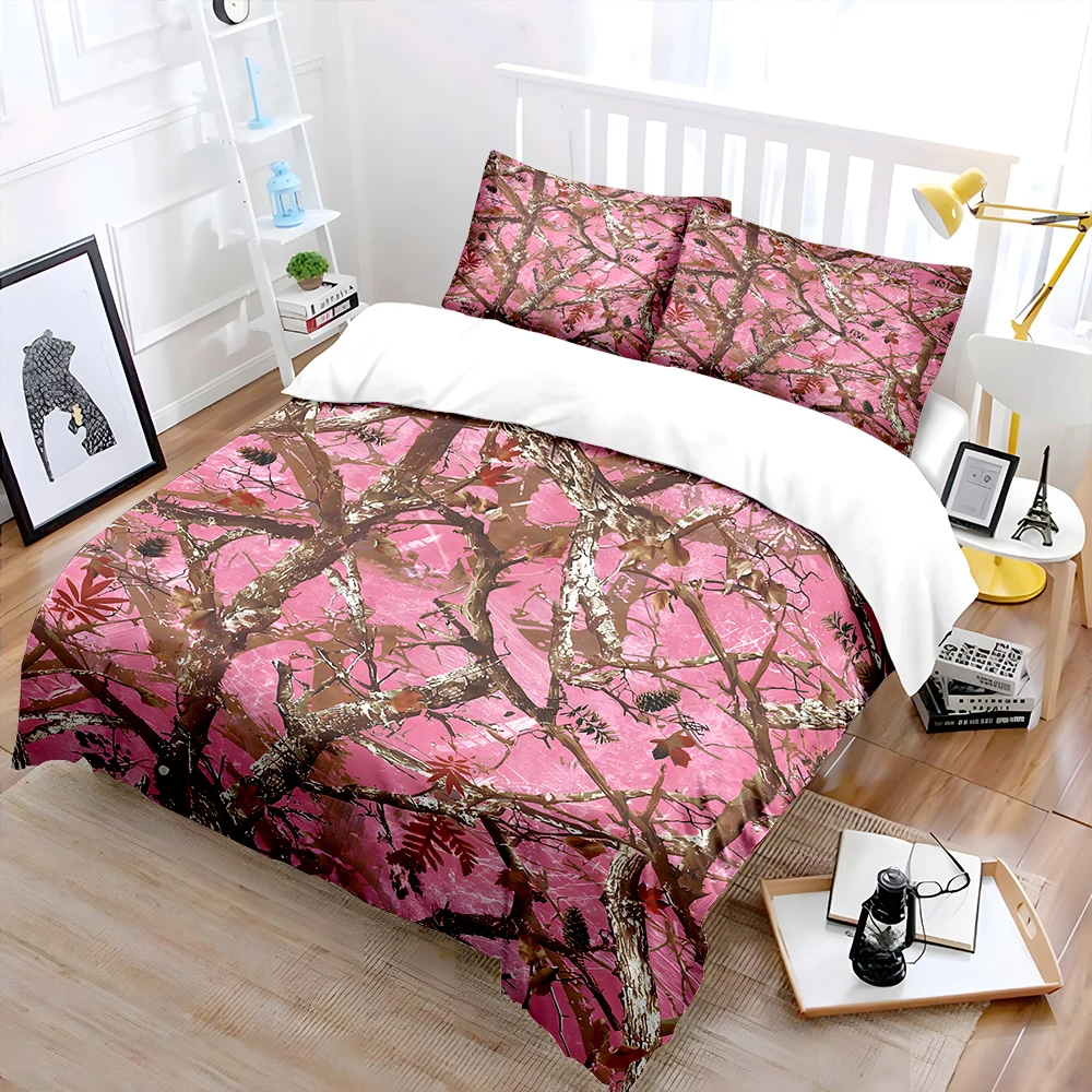 Pink background with branches and leaves Bedding Set for Kids Luxury Gift 3pcs Digital Print Comforter Set Soft Comfortable