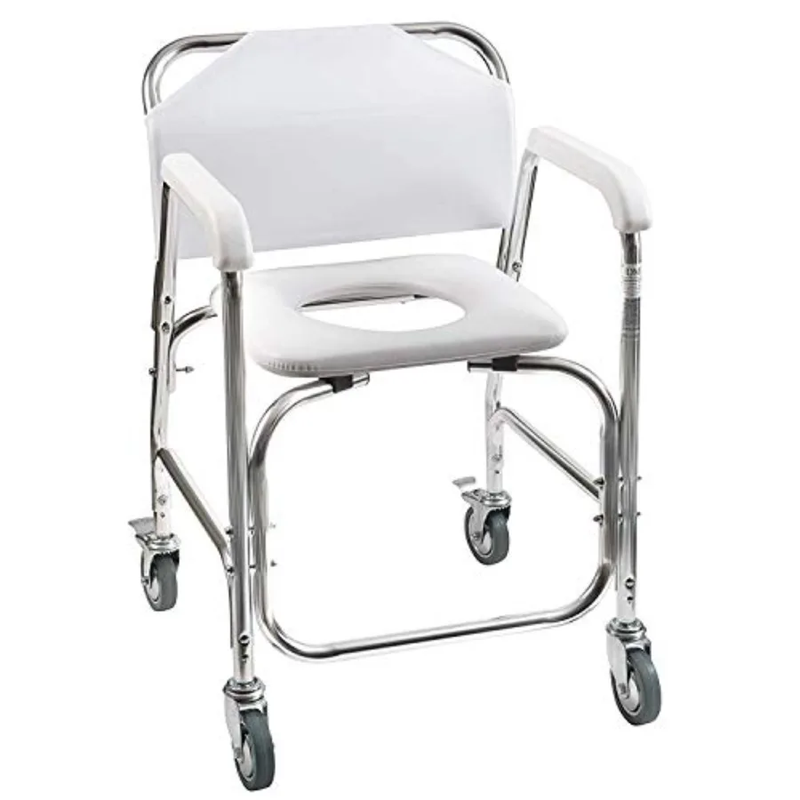 

DMI Rolling Shower Chair Commode with Aluminum Frame White 250 Lb Capacity Ideal for Elderly Injured or Disabled FSA Eligible T