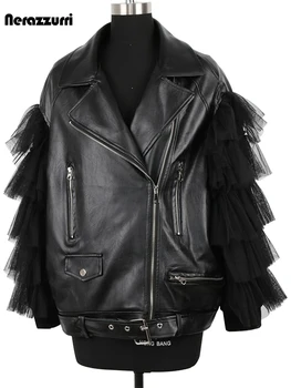 سترة نسائية من الجلد الصناعي الأسود فضفاضة لربيع وخريف من Nerazzurri مع أكمام طويلة من الدانتيل وحزام وسحاب موضة فاخرة وأنيقة 2022