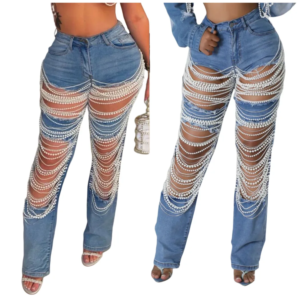 Y0016  Women Fashion Pearl Beading Ripped Hollow Out Tassel Wide Leg Jeans 2024 New Summer INS Street Denim Pants Trousers