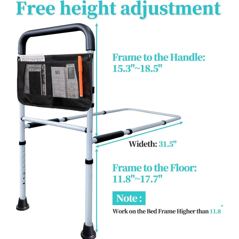 Adjustable Bed Rails for Elderly Safety with Storage Pocket, Slides Under Mattress, Grey