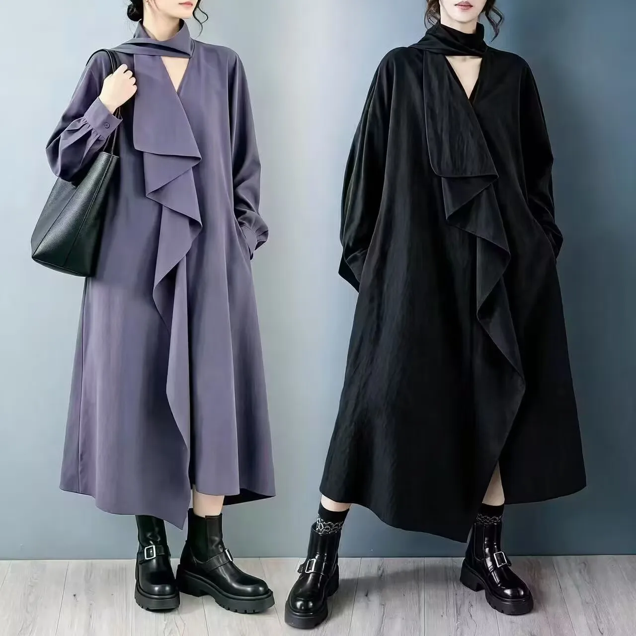 Women Midi Length Trench Coat Solid Color Korean Style Elegant Lapel Loose Casual Artistic Layering Outerwear Autumn Winter