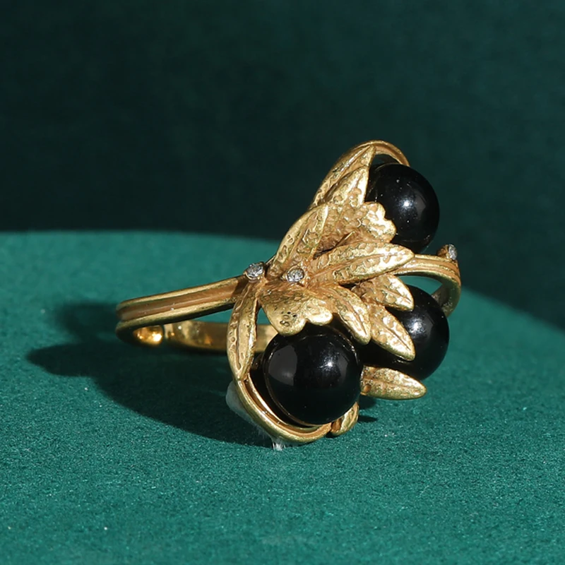 

Vintage Black Agate Ball Gold Color Leaf Pearl Rings Elegant Luxury Jewelry Designer Trendy 4 Colors Wedding New Trends 2025