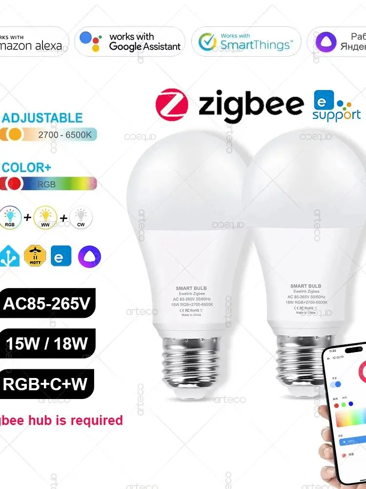 ZigBee E27 LED-Birne, intelligente LED-Lampe, RGBCW, 15 W, 18 W, LED-Glühbirne, funktioniert mit Ewelink Zigbee Gateway Alexa Smartthings Alice Z2MQTT