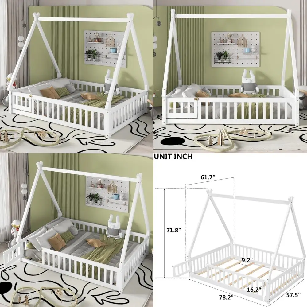 Cama infantil montessori de tamaño completo con listones, guardabarros y estructura de tipi de madera