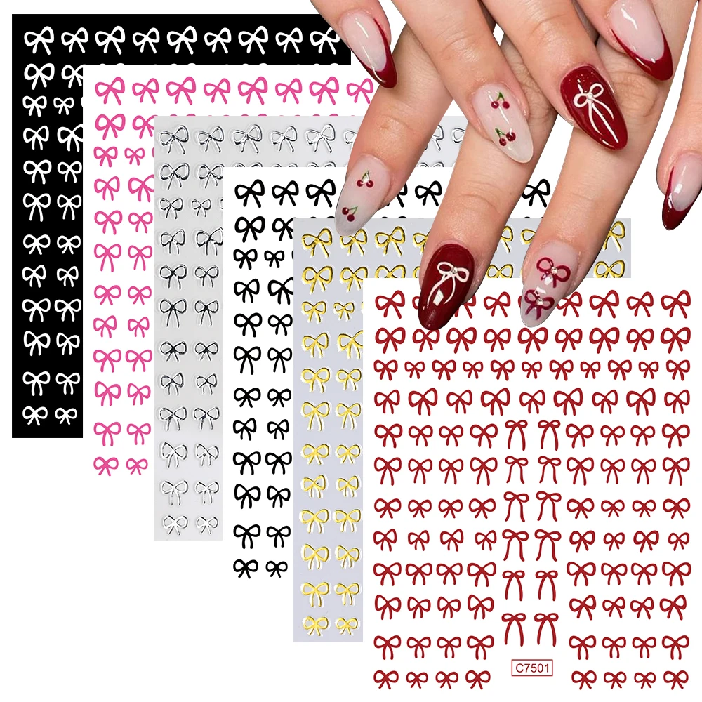 6Pcs/Set Simple Bowknot Ribbon Nail Stickers Black White Pink Bow Tie Adhesive Decals Elegant Women Valentine's Manicure Sliders