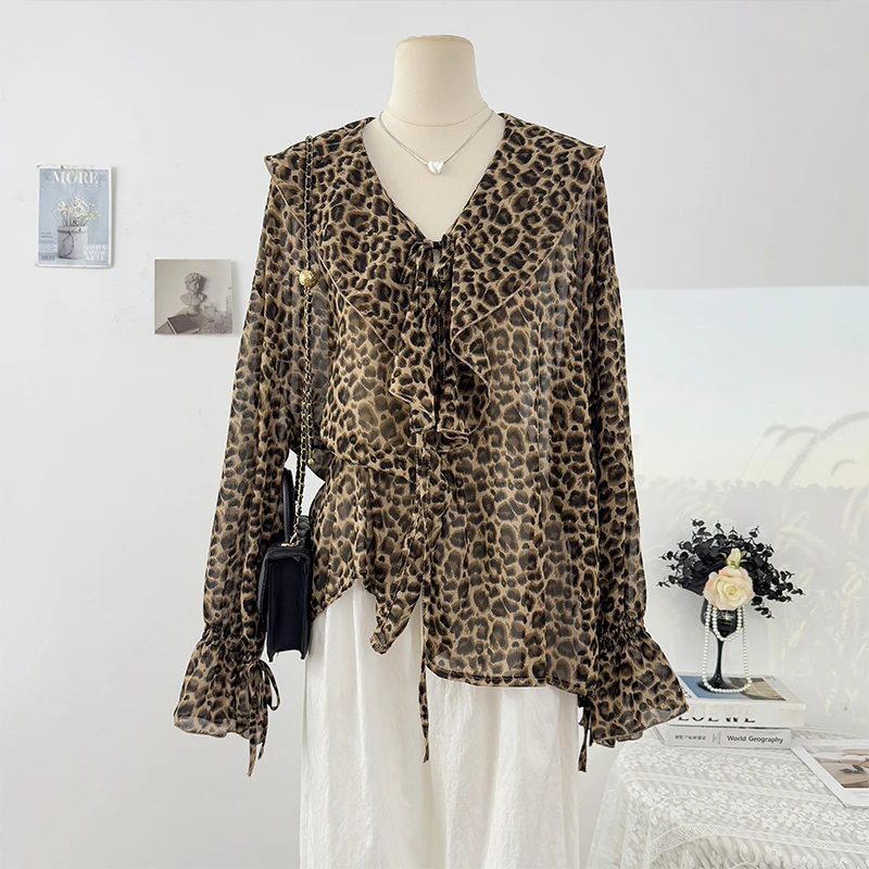 

Women French Style Ruffled V-Neck Tie Long Sleeve Leopard Print Shirt Autumn Sexy Blouse Top