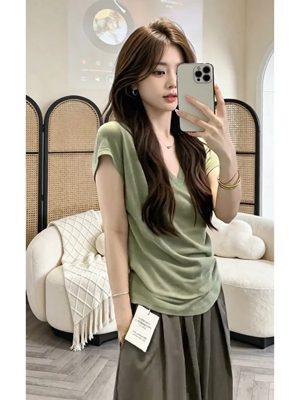 

Summer New Style Slim Fit V-Neck Short Sleeve T-Shirt High Waist Wide Leg Pants Two-Piece Set Fashionable Casual Women's Outfit