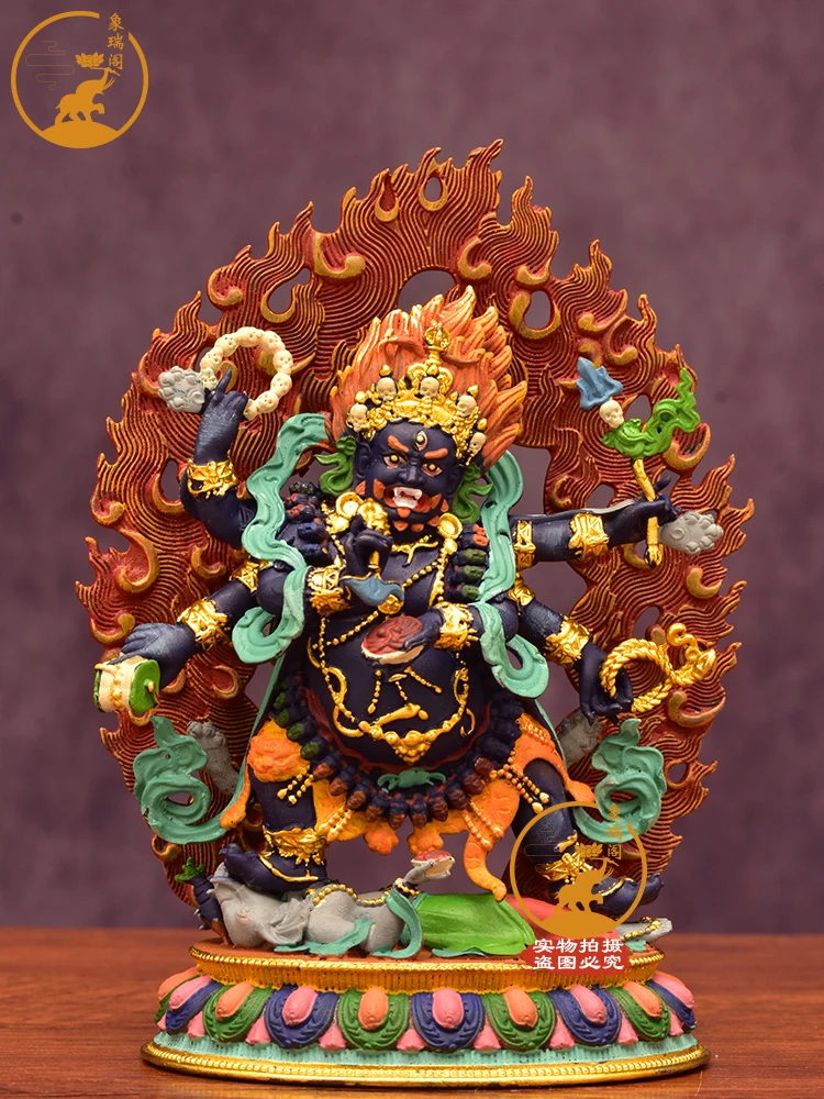 Big Black Sky Buddha Statue Tibetan Tantra Boutique Buddhist Hall Protector Ornament 4 Inch Pure Copper Painted Six-Arm Mahagala