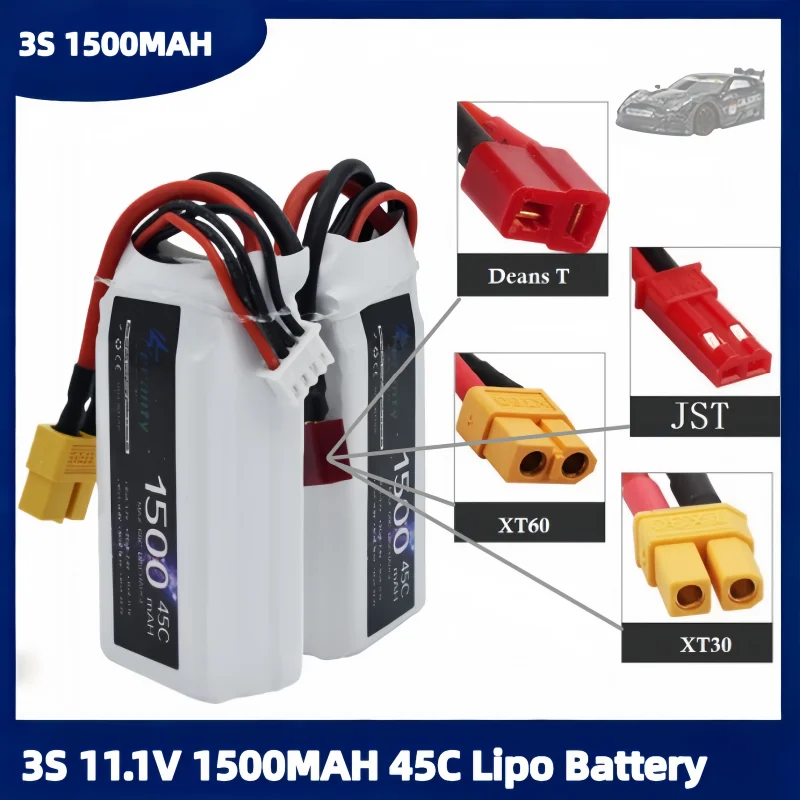 

3S 11.1V 1500mAh 45C Rechargeable LiPo Battery Pack Safe RC Battery with XT30/XT60 /JST/ T Plug for Toy Helicopter Airplane Car