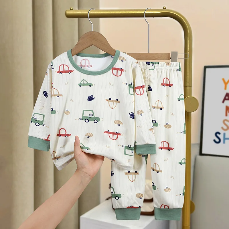 Set pakaian piyama lengan panjang bayi, set baju tidur balita, atasan kaus lengan panjang kartun, baju tidur anak laki-laki dan perempuan