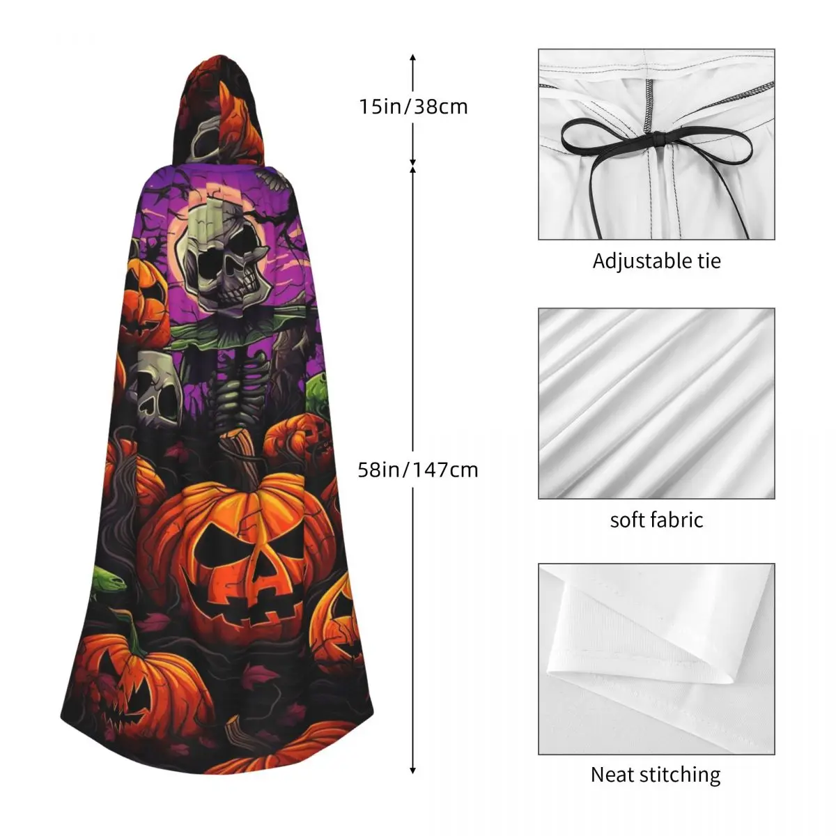 할로윈 해골과 십자뼈와 호박 긴 후드 망토 마녀 중세 의상 코스프레 케이프 할로윈 파티 성인 유니섹스