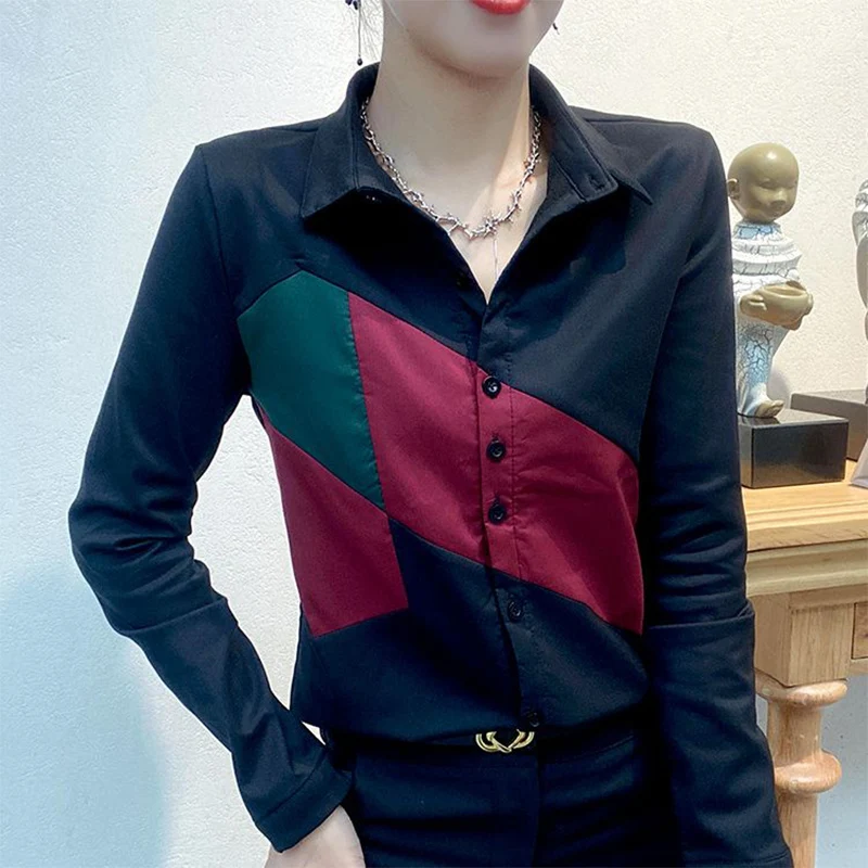 Spring Autumn Elegant Fashion Turn Down Collar Shirt Ladies Slim Casual Patchwork All-match Top Women Buttons Cardigan Blouse