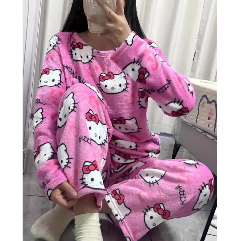 

Sanrio Cute Cartoon Hello Kitty Flannel Pajamas Sleep Pants Women Autumn Winter New Coral Fleece Thick Warm Plush Home Sleepwear
