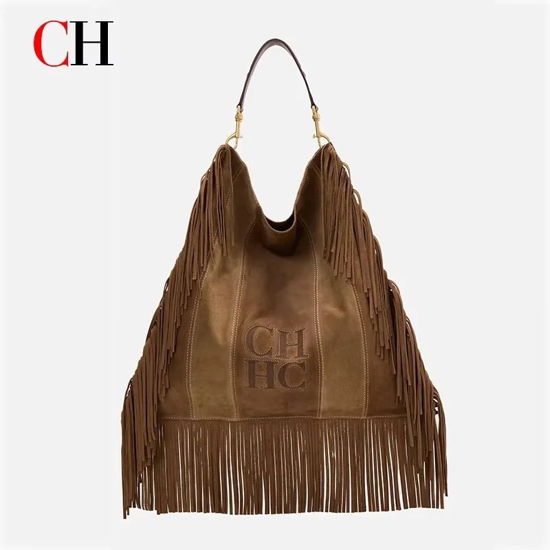 

CH Fringe Hobo Bag Genuine Leather Suede Brown Large Capacity Tassel Shoulder Bag Retro Western Style Casual Handbag For Women