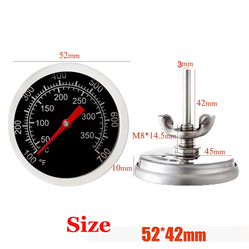 50℃-350℃/100°F-700°F 52mm Black Pizza Stove Thermometer Barbecue Oven Firewood Stove Stainless Steel BBQ Grill Temperature Test