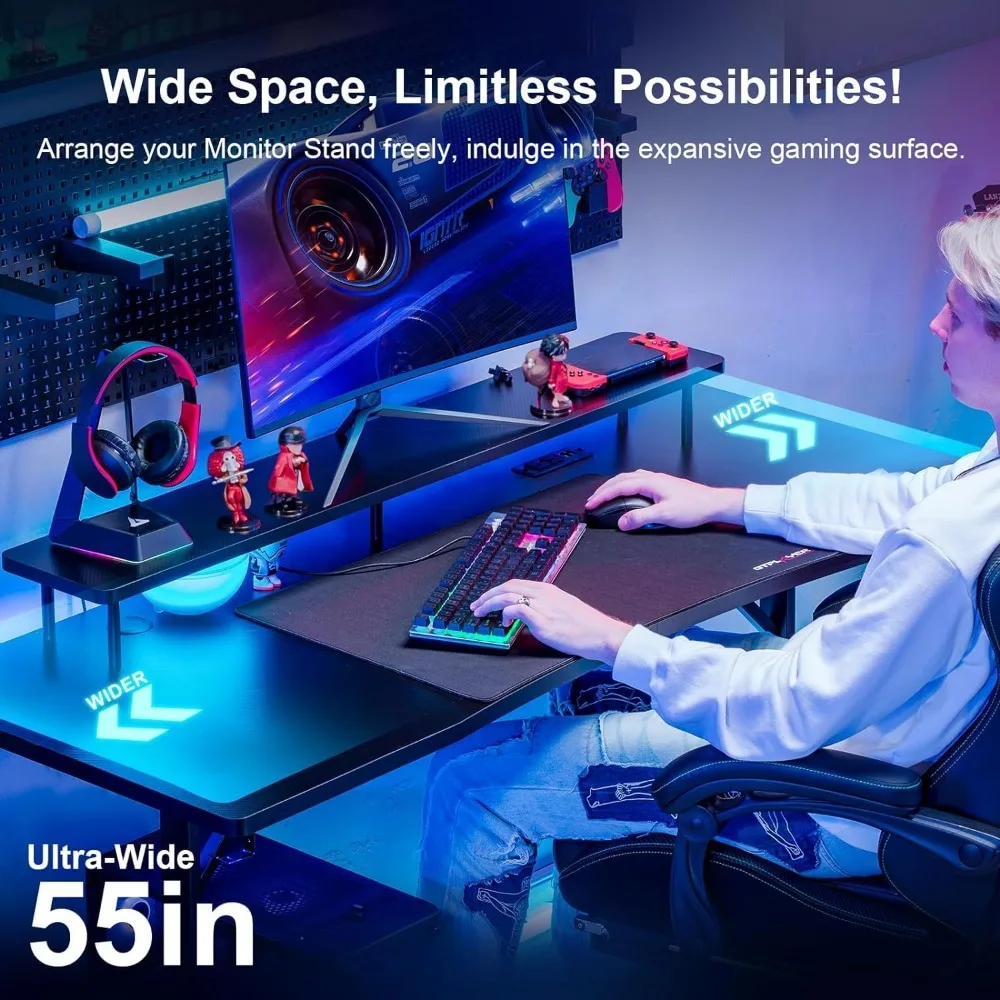 Gaming-Schreibtisch mit LED-Leuchten, Computer-Gamer-Schreibtisch mit Monitorst änder, ergonomischer Gaming-Tisch mit Kohle faser oberfläche