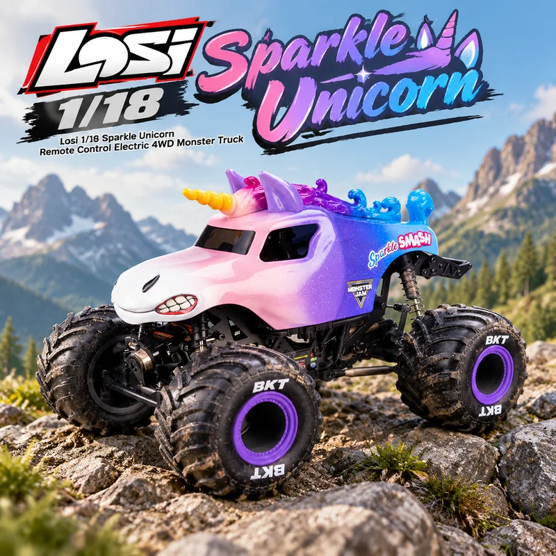 Losi 1/18 Mini LMT Sparkle Unicorn Remote Control 4WD Straight Axle Monster Truck Off Road Vehicle