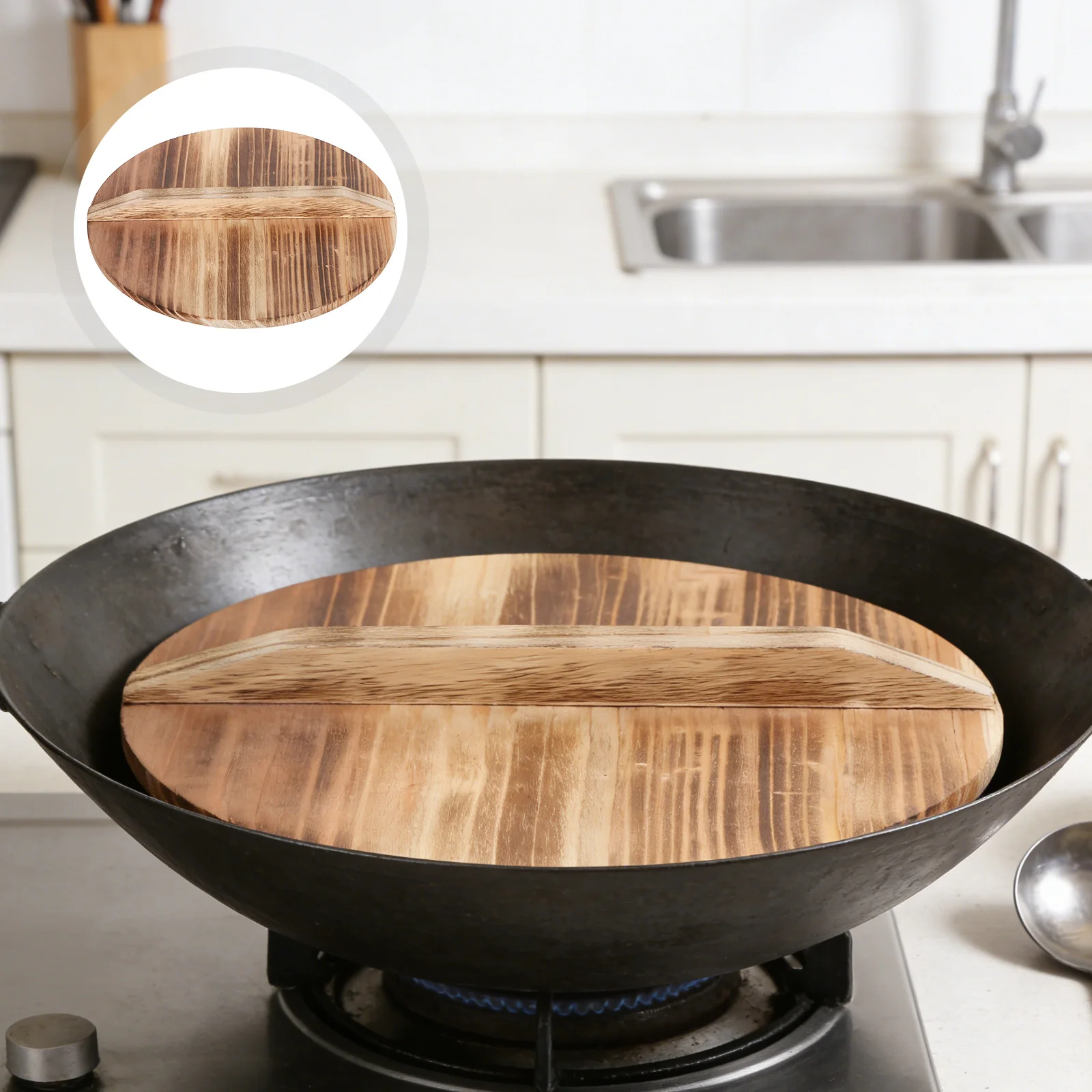 Tapa de Wok Tradicional de Madera de 23.6 cm con Acabado Natural para Sartén, Anti-derrame, Mango Ergonómico, para Cocina de Camping