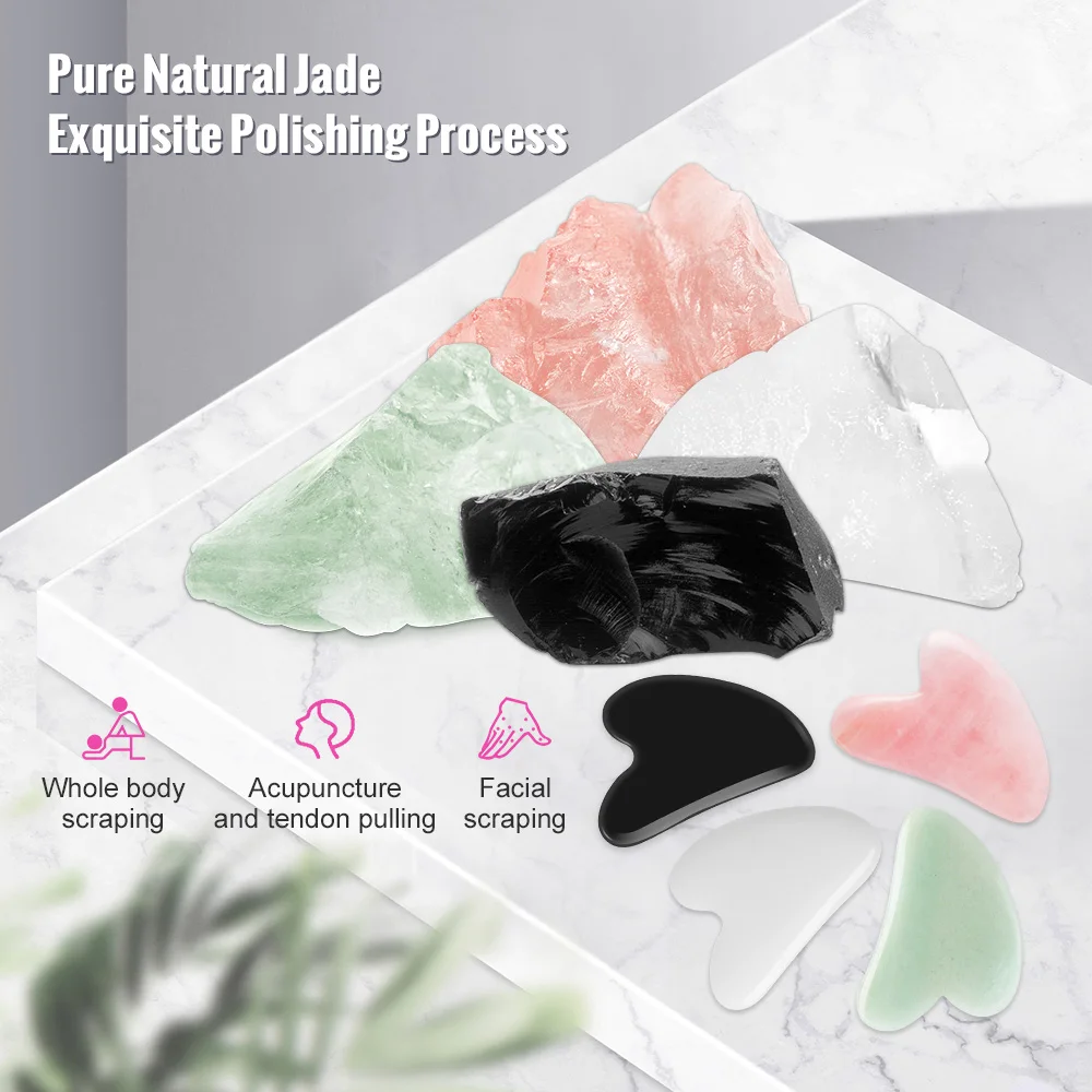 Piedra Natural Gua Sha de Jade, Herramienta de Belleza Facial, Masajeador con Raspado, Cuidado de Piel Firme, Terapia Física de Spa, Rodillo Gue Che