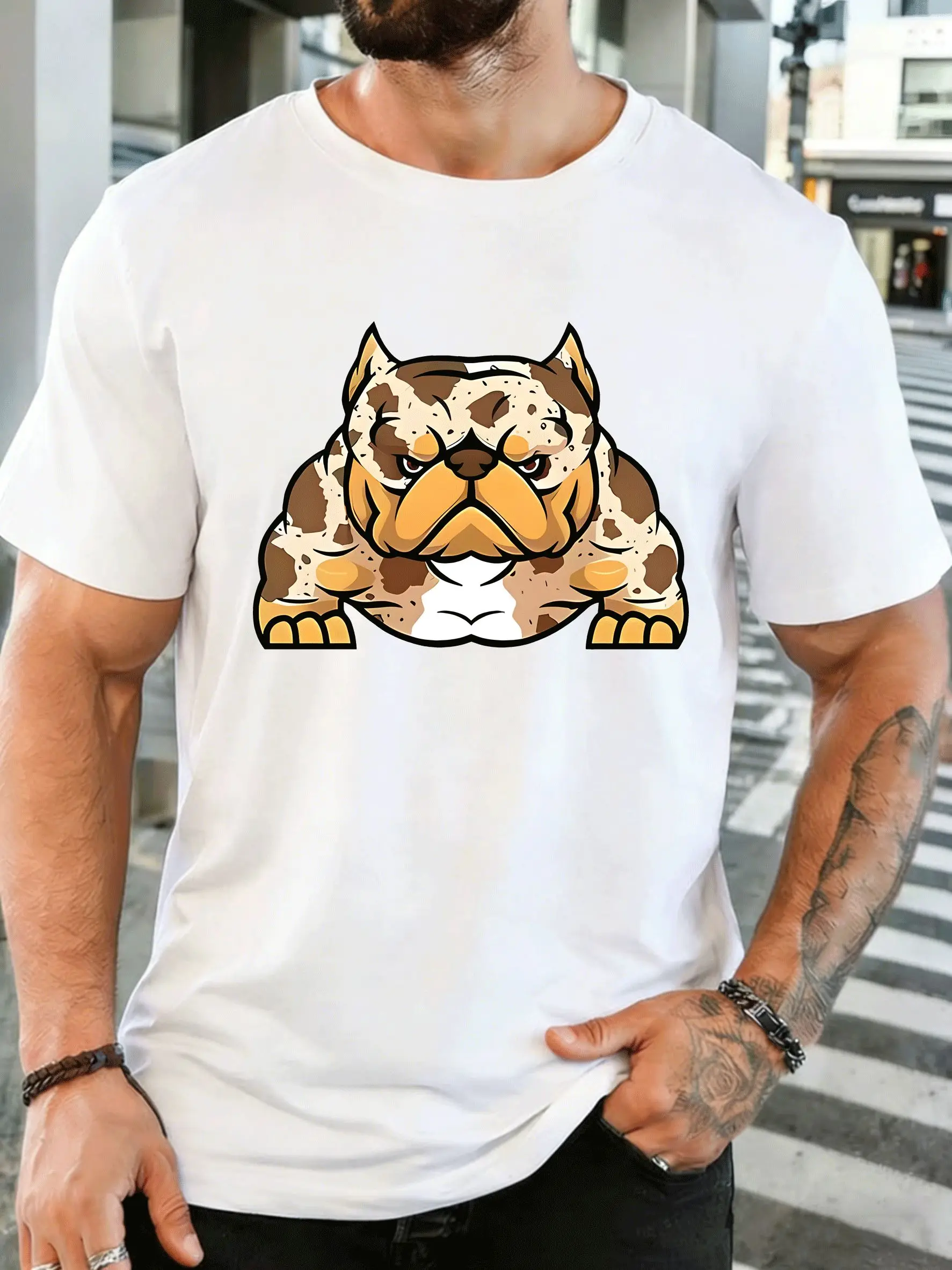 Cartoon Muscular Bulldog Mens Front Print T Shirt Strong Dog Graphic Tee Casual Short Sleeve Top Dog Pet Lover Gift