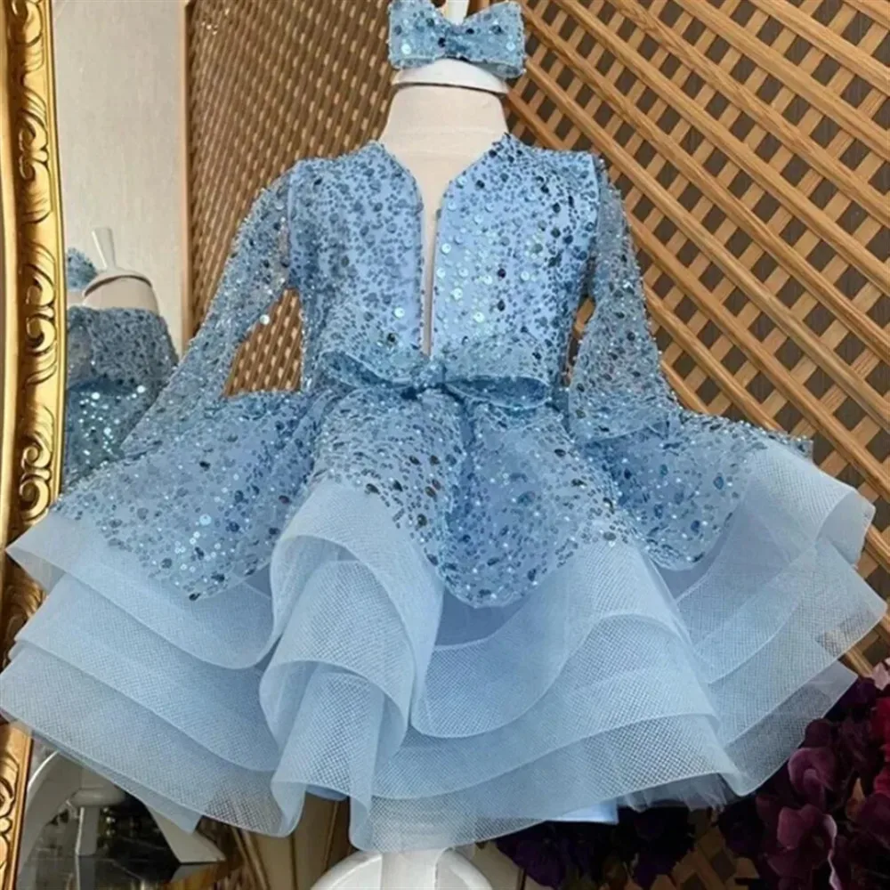 فستان الأميرة الفاخر لفتاة الزهور لحفلات الزفاف مع ترتر وأكمام طويلة للأطفال الصغار وحفلات أعياد الميلاد وحفلات التواصل حسب الطلب