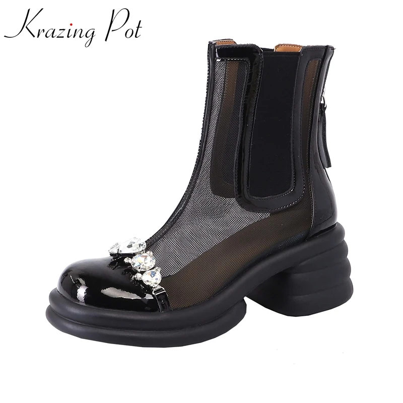 Krazing Pot Ins Cow Leather Air Mesh Metal Sun Protection Summer Boots Crystal Round Toe Thick High Heels Platform Ankle Boots