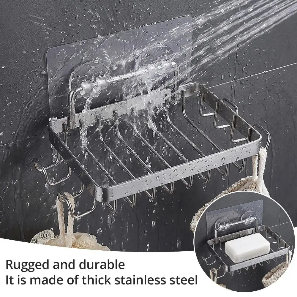 

Rustproof Shower Storage Basket Self Adhesive Wall Mounted Wall Shelves with Hooks Large Capacity Wall-Hung Metal Soap Tray Soap