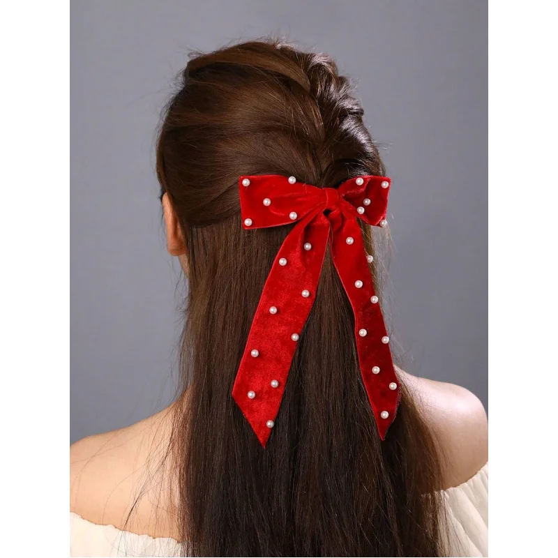 

1 шт. Элегантная женская заколка для волос с искусственным жемчугом и бантом, заколки ручной работы для повседневного использования, праздников и осенне-зимнего сезона