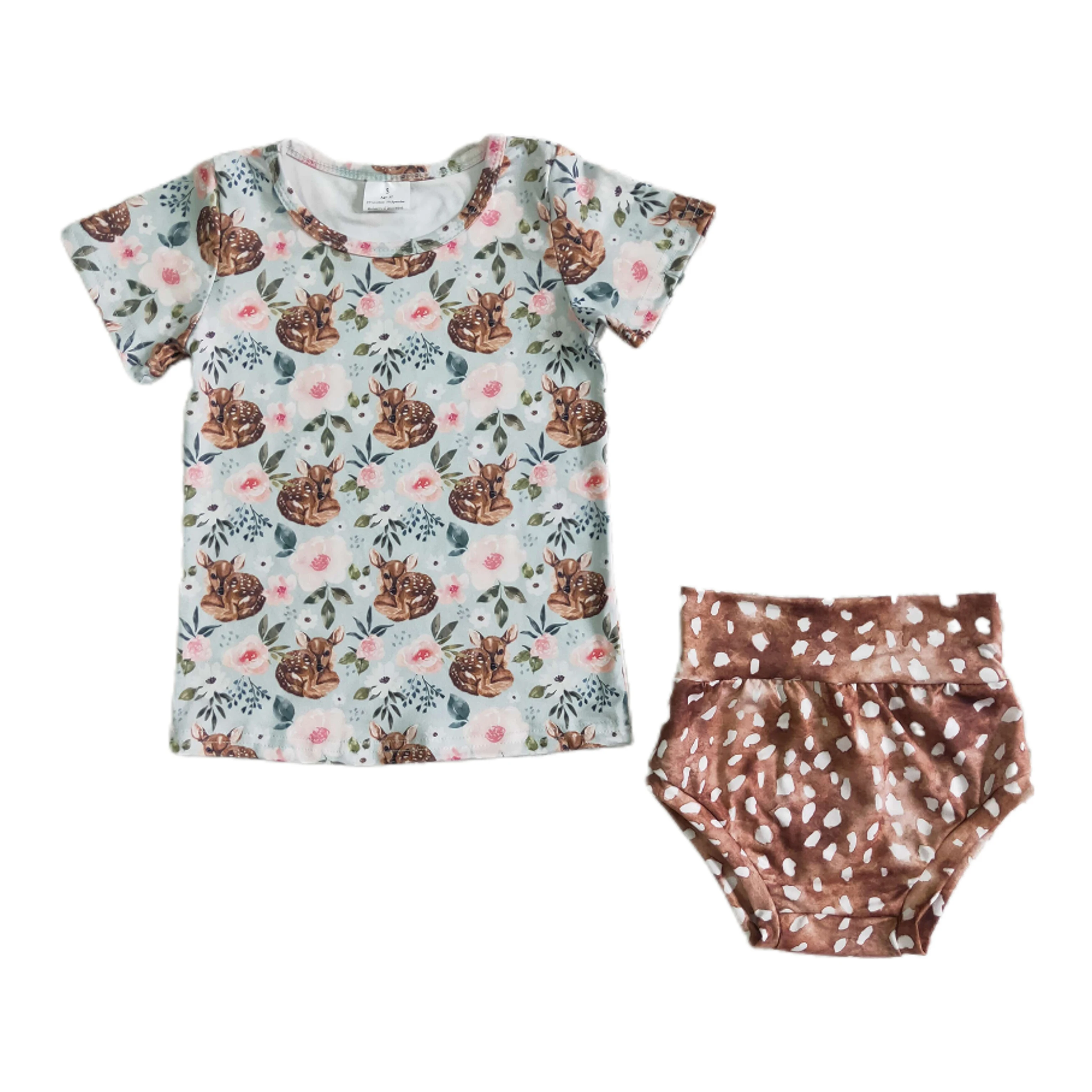 Wholesale Baby Girl Set Toddler White Sleeveless Floral Tops Stripes Bummie Shorts Children Newborn Two Pieces Outfit