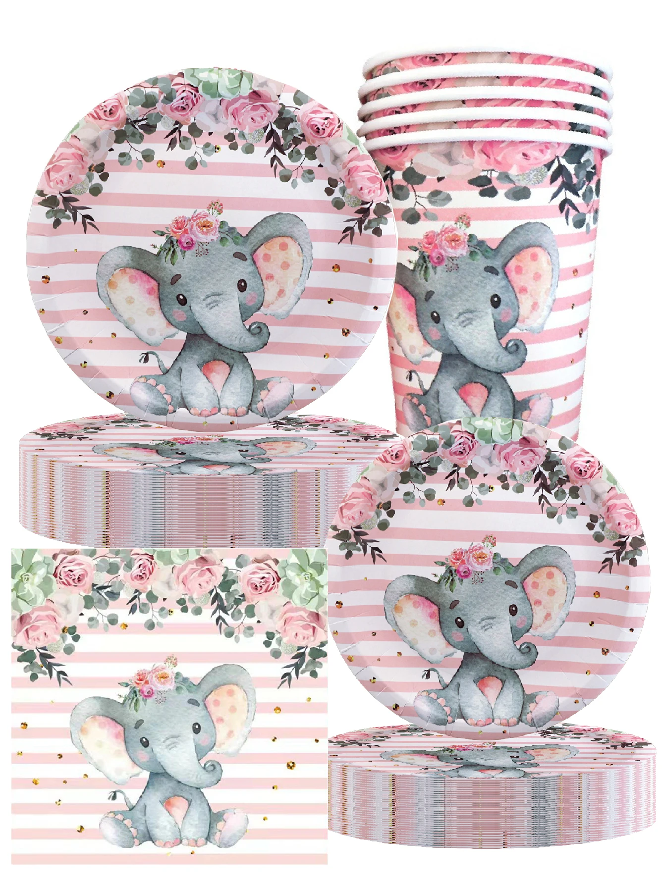Rosa Cartoon-Elefanten Taufthema Party Geburtstag Elefanten Pappteller Pappbecher Servietten Camping Reise Camping