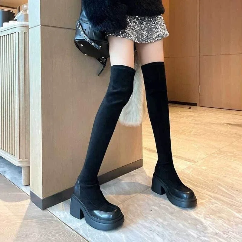 2026 Fall Winter Women Thigh High Boots Stretchy Platform Sole High Heel Slim Fit Extra Long Over Knee Boots Versatile