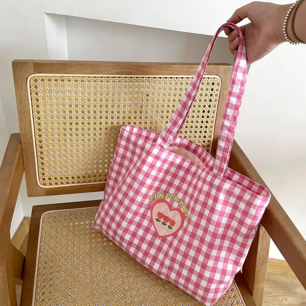 Fresh Color Plaid Canvas Bag Korean Style Solid Color Vacation Tote Bag Lightweight Eco Bag Office Worker Tote Shoulder Bag