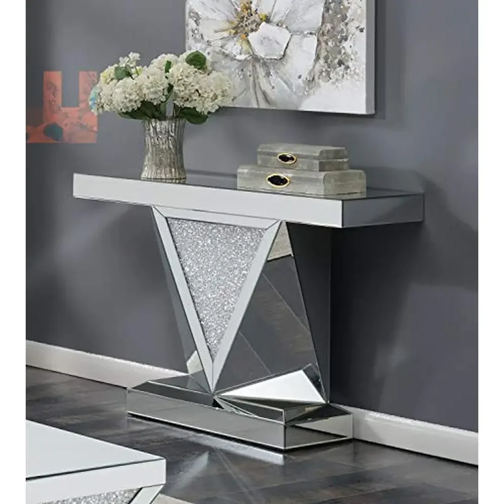 Contemporary Triangle Design Console Table Crystal Accents Mirror Finish