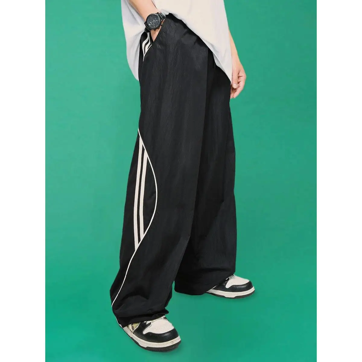 

Американские брюки в стиле ретро с широкими штанинами и полосками, свободные прямые повседневные брюки с цветными блоками и боковыми полосками, спортивные длинные брюки