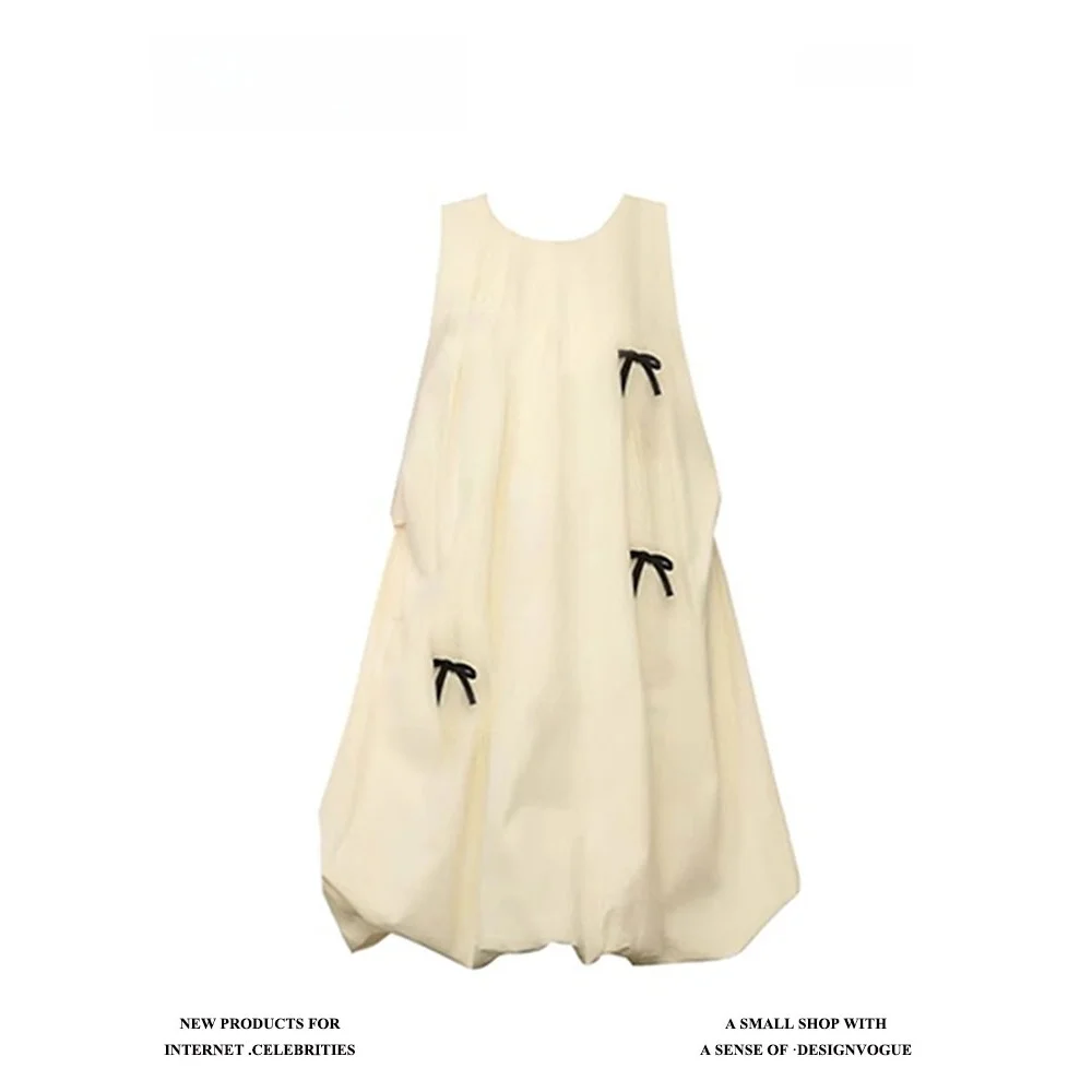 

Off Women's Spring Summer Gentle Sle Vest Dr with Bow Design A-Line Midi Skirt French Sle No Brand High Waist Sv...