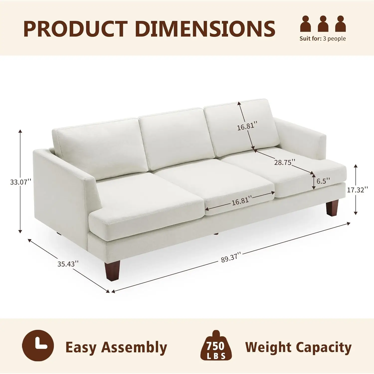 3 Seater Sofa Couch with Deep Seats, 89