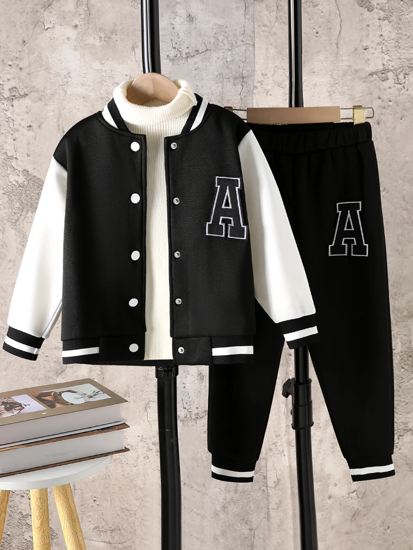 Herbst/Winter Jungen Langarm Einreiher Brief Tuch Patch Farbe Blockiert Jacke Kurze Hosen Casual Outdoor Jungen Anzug