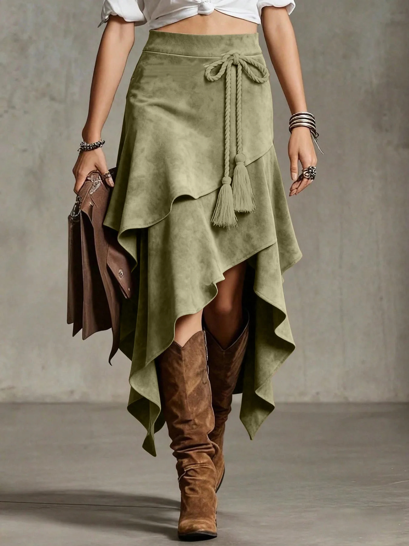 Damen-Retro-Wildlederrock im Western-Stil, Europäische Größe, Einfarbig, Unregelmäßiger Halbrock für Freizeitkleidung – Detail 9